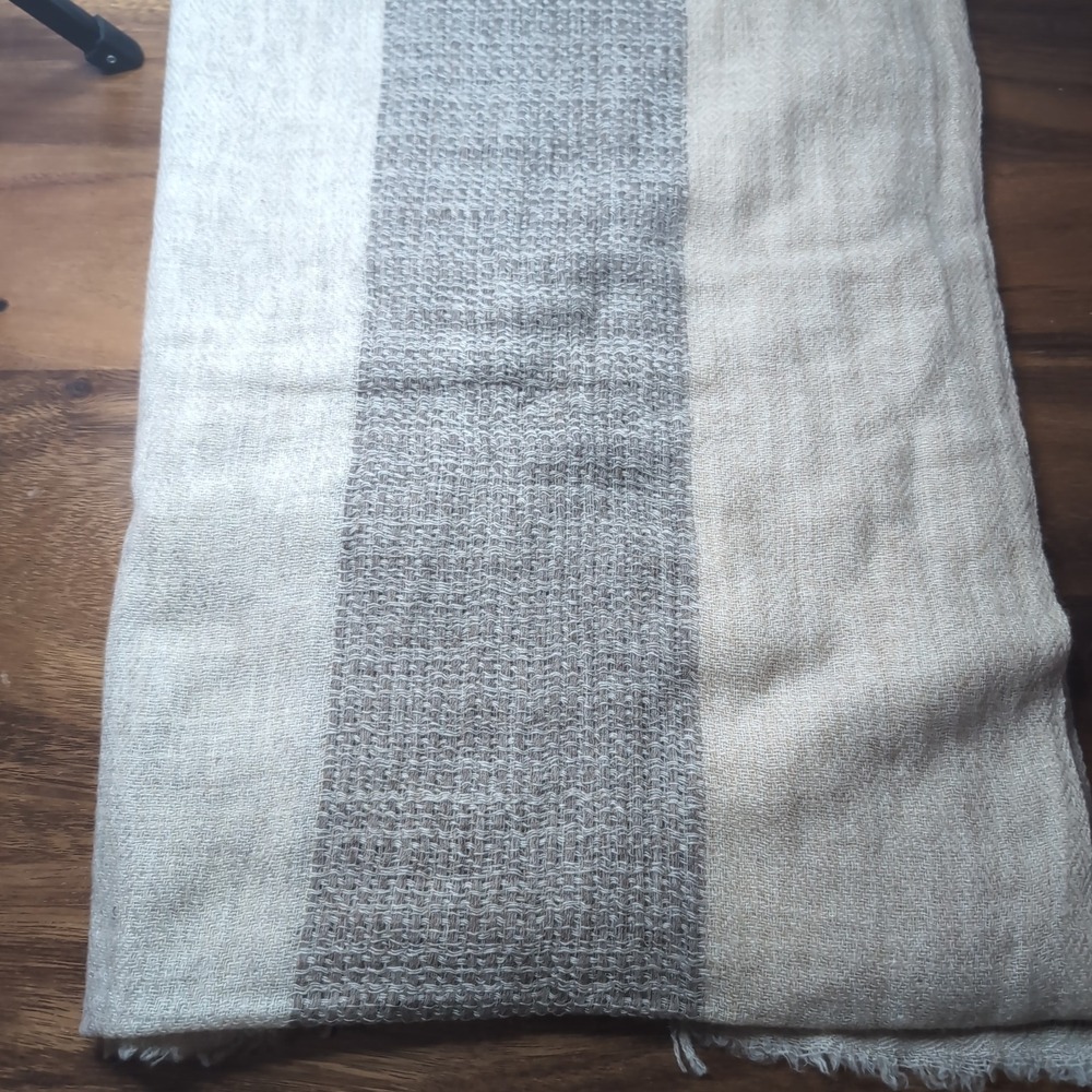 Handmade Nepal 100% Cashmere Scarf Neutral Striped Pashmina Shawl Cream Beige